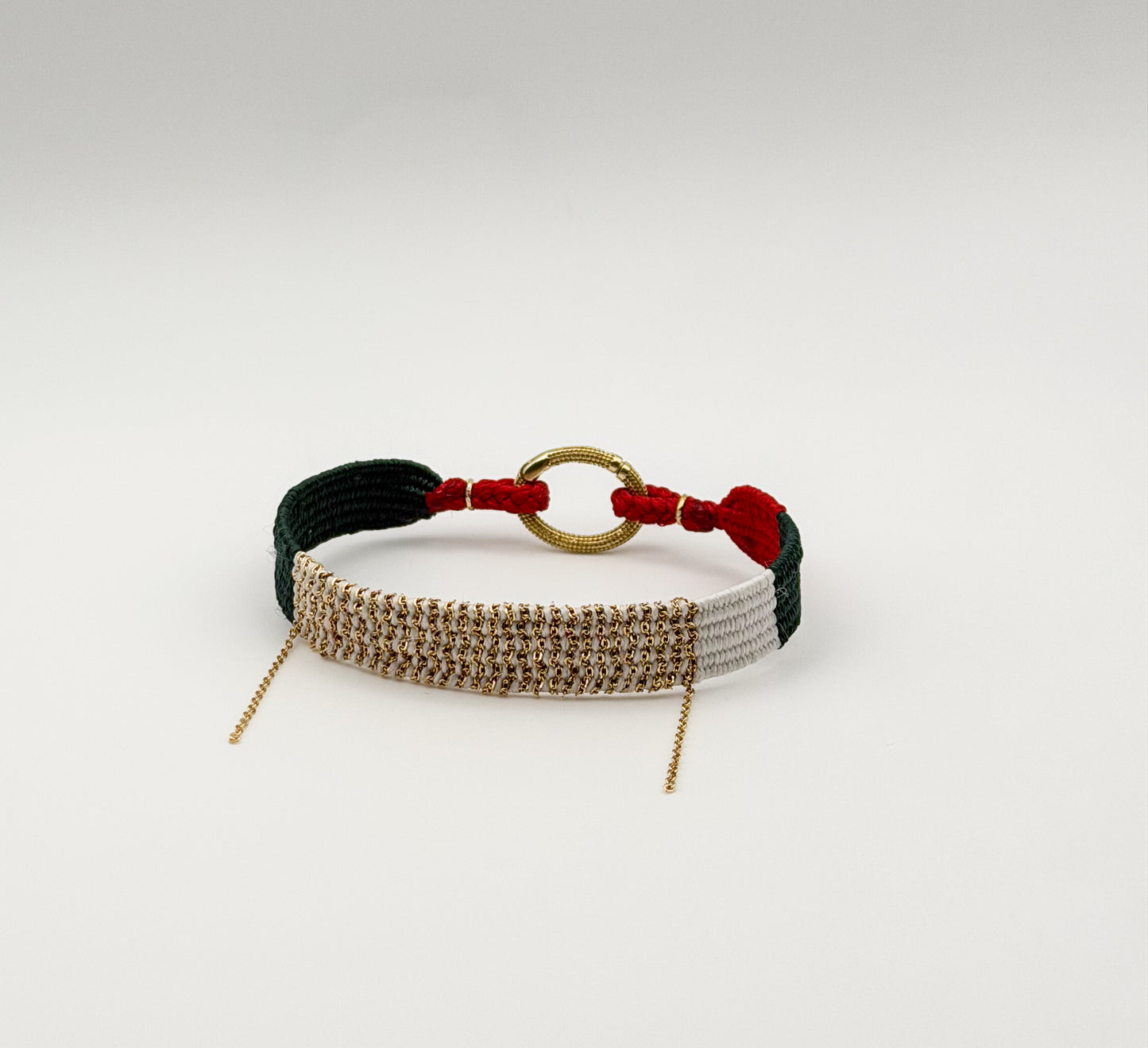 Green,Red and White Thread, Loomed Chain Bracelet (Adjustable, Brass)