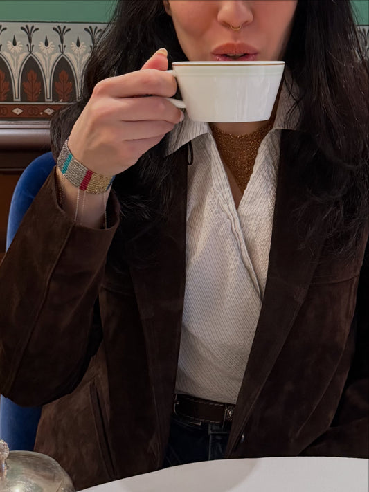 Pink Purple Blue and Gray Thread Bracelet with Gold Black and Silver Chain Details