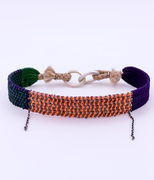 Multicolor Thread Bracelet (Green, Purple, Orange)  Black Chain + Silver Clasp