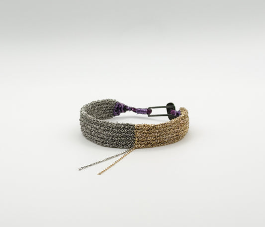 Gold and Silver Chain Bracelet with Shiny Purple Thread